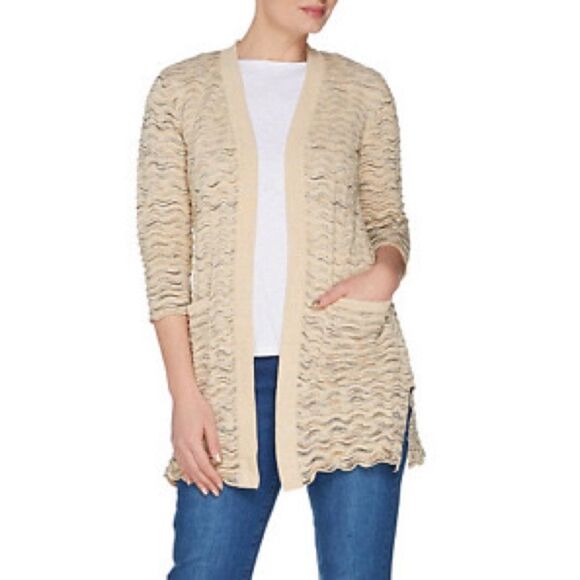 Isaac Mizrahi Open Front Scallop Stitch Cardigan - Picture 1 of 6